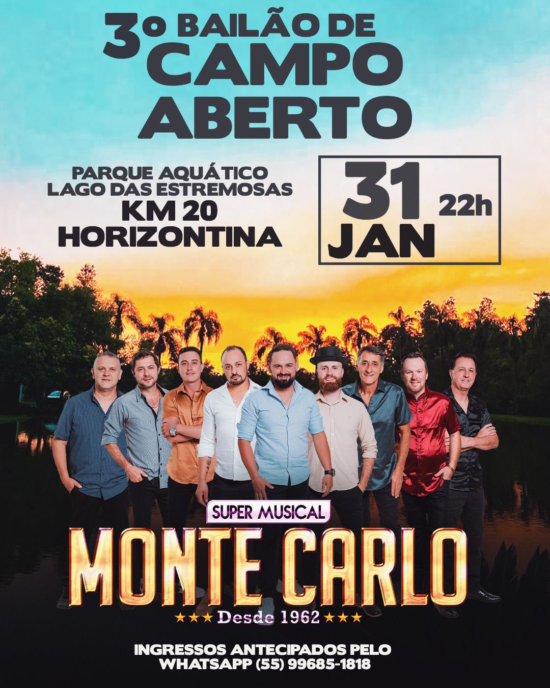 3º BAILÃO DE CAMPO ABERTO 🕺🎶 O Lago das Estremosas convida você para uma noite inesquecível de muita música e animação!  🎟 Ingressos antecipados pelo WhatsApp: 📲 (55) 99685-1818  🌧 Em caso de condições climáticas desfavoráveis, o evento será realizado no pavilhão do parque.  👉 Chame os amigos, prepare o traje e venha dançar no melhor bailão da região, com animação do Super Musical Monte Carlo! Ver menos — com Parque aquático lago das estremosas..
